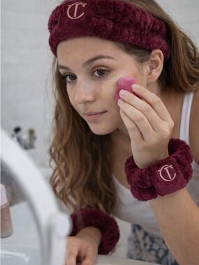 Charlotte Tilbury Deep Wine Plush Skincare Headband and Wrist Wrap Set